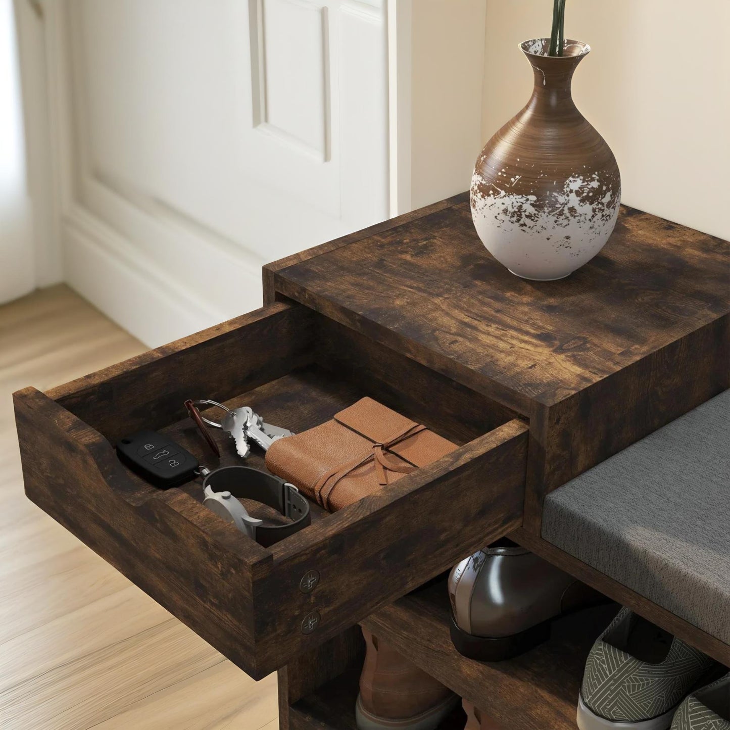 industrial shoe storage bench with 3 open shelves rustic brown