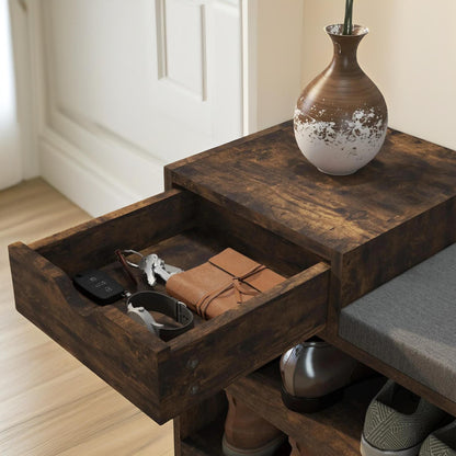 Industrial Shoe Storage Bench With 3 Open Shelves Rustic Brown