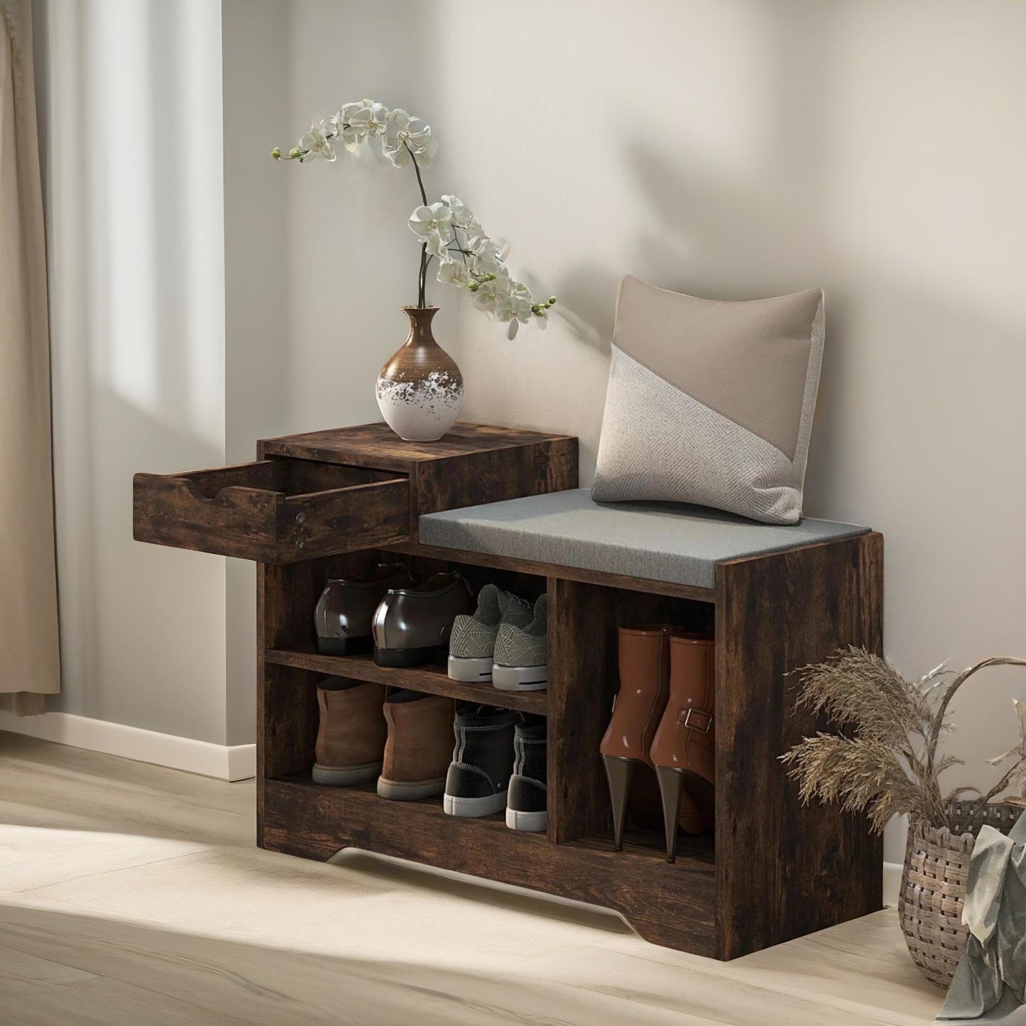 industrial shoe storage bench with 3 open shelves rustic brown