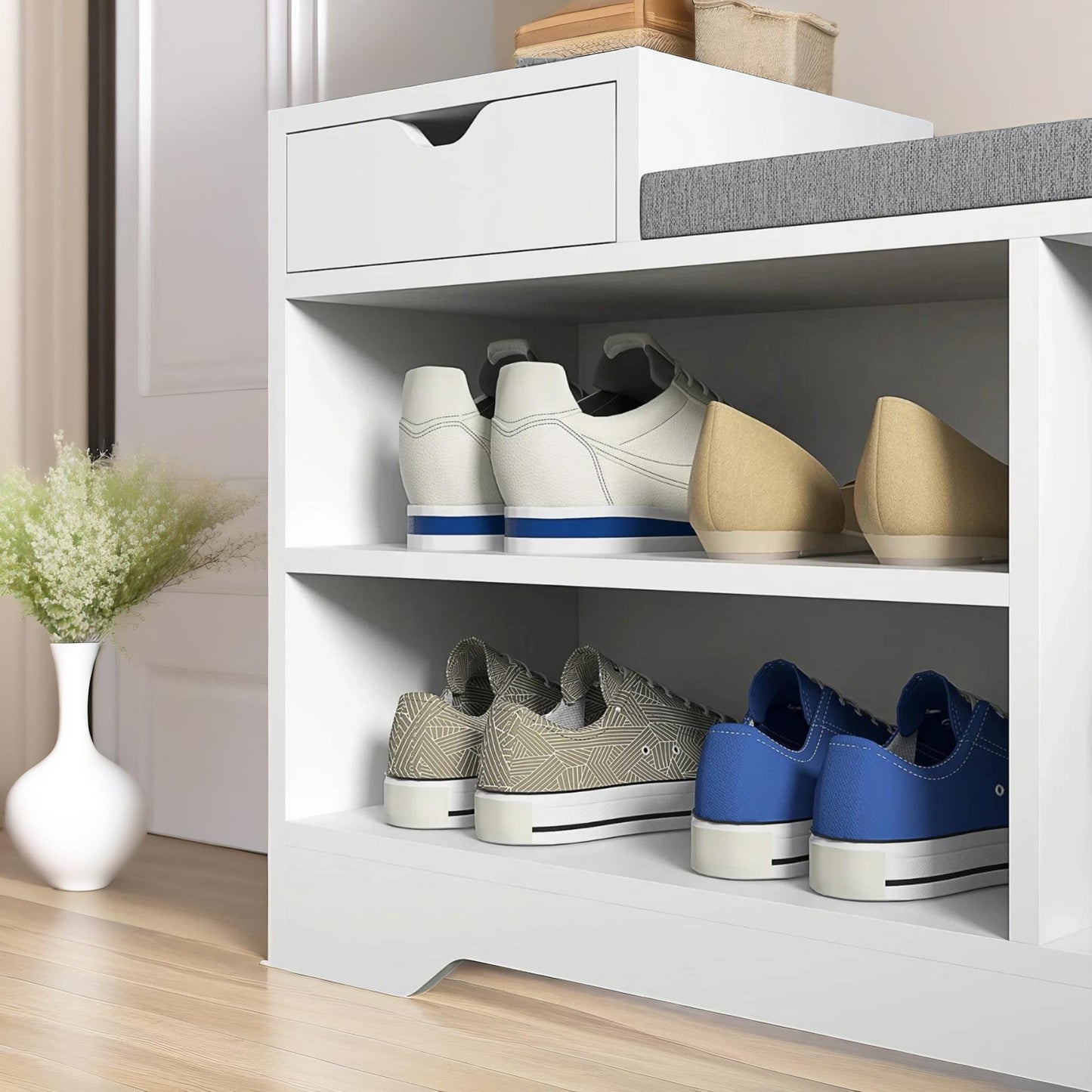 industrial shoe storage bench with 3 open shelves white