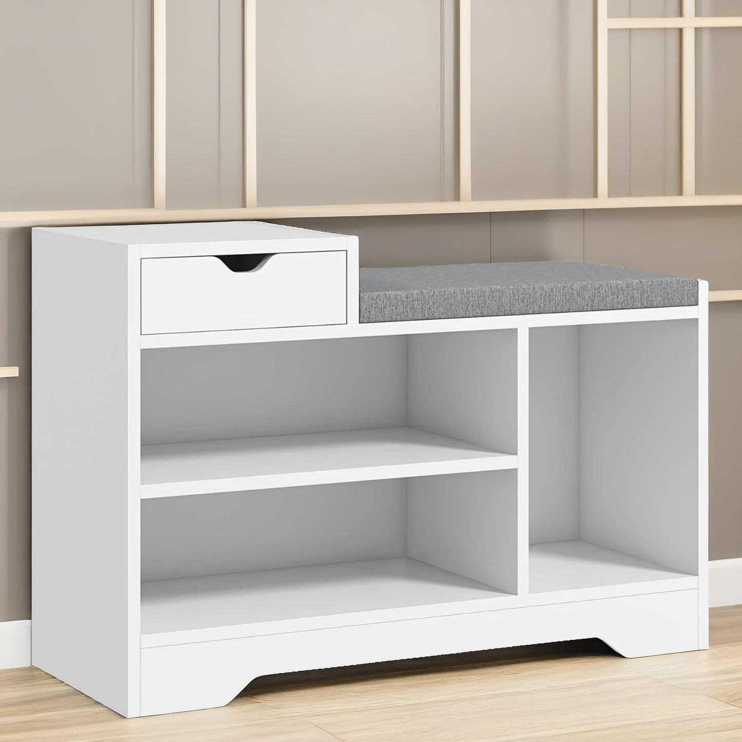 industrial shoe storage bench with 3 open shelves white