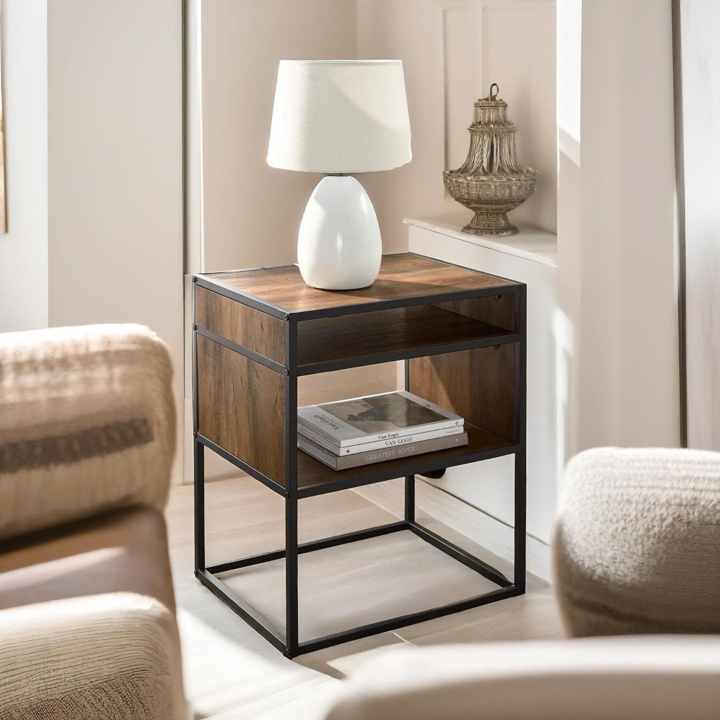 industrial square side table with open storage dark walnut