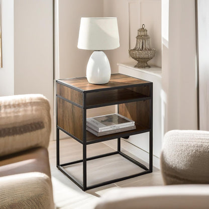 Industrial Square Side Table With Open Storage Dark Walnut