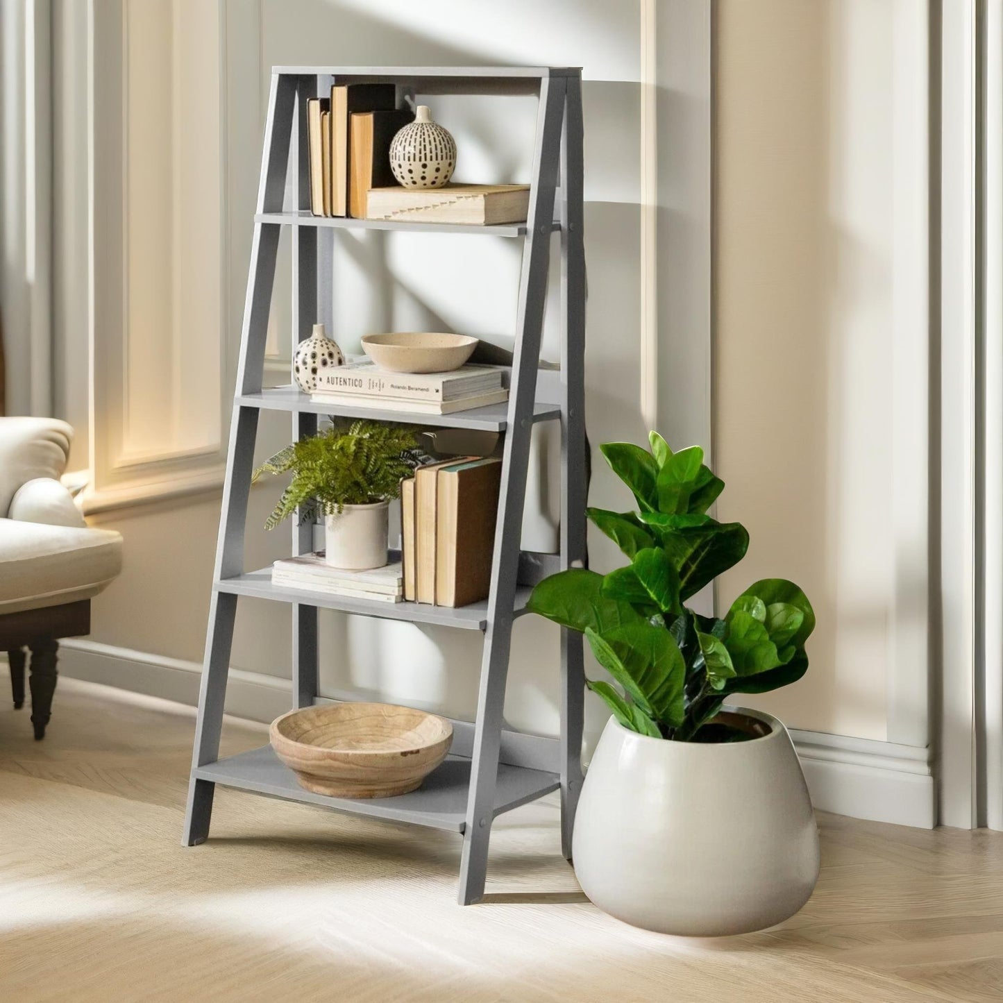 4 tier free standing ladder shelf for living room storage grey