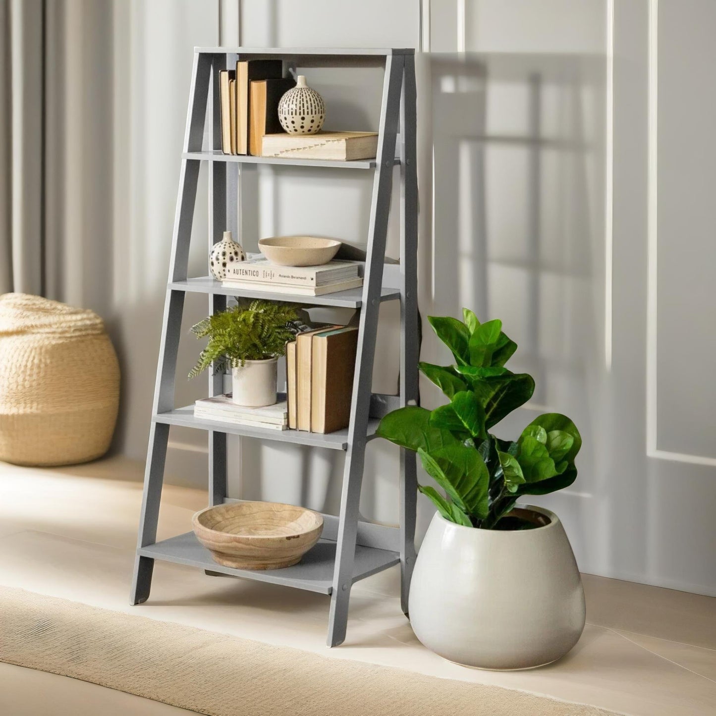 4 tier free standing ladder shelf for living room storage grey