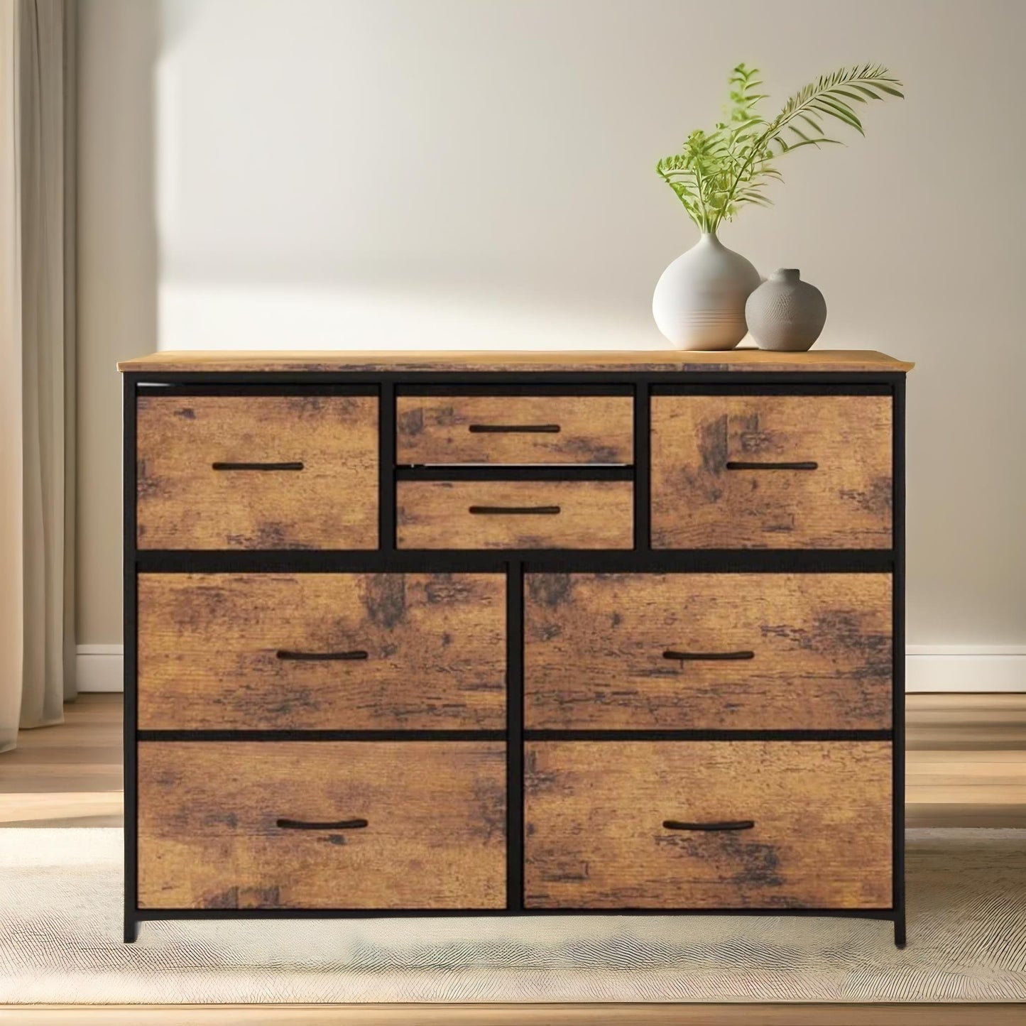 bedroom chest with 8 fabric drawers rustic brown