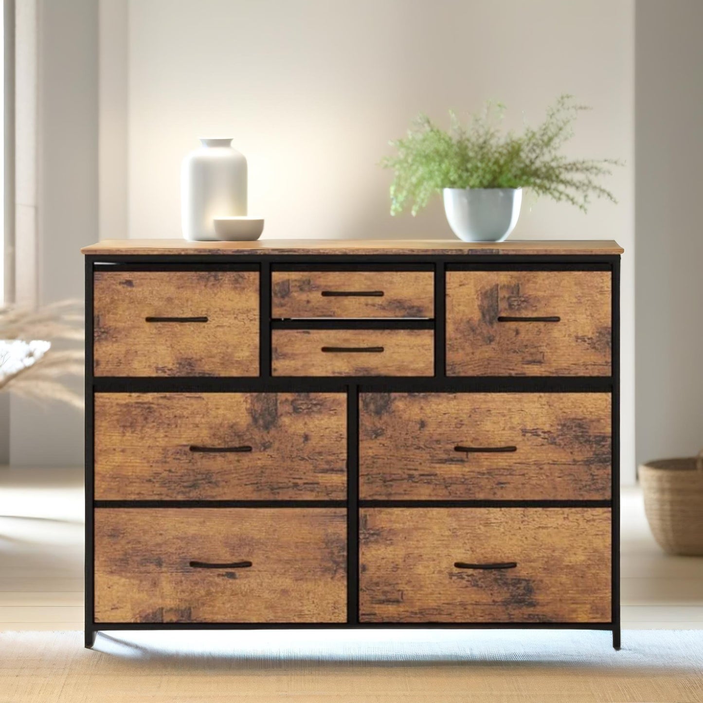 bedroom chest with 8 fabric drawers rustic brown