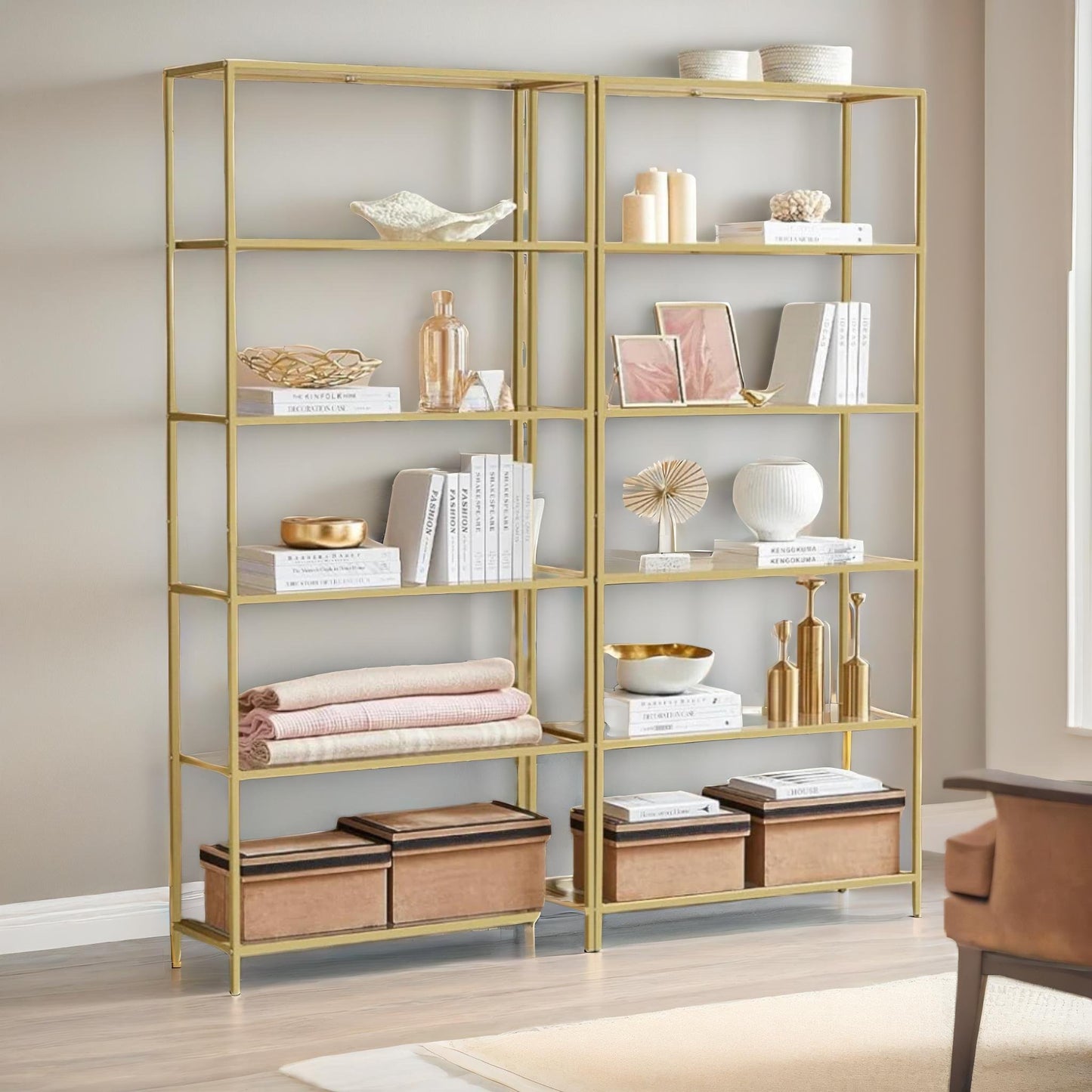 6 tier tempered glass shelves unit gold