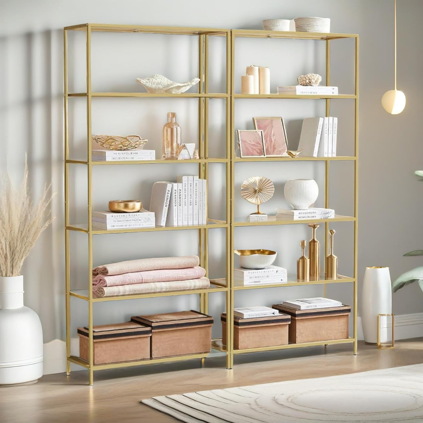 6 tier tempered glass shelves unit gold