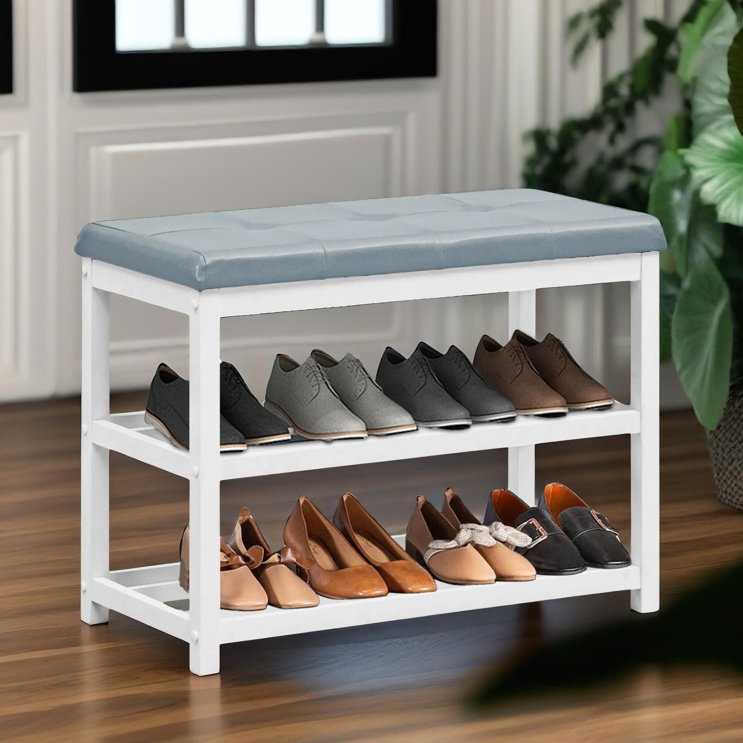 wooden 2 tier shoe rack bench grey