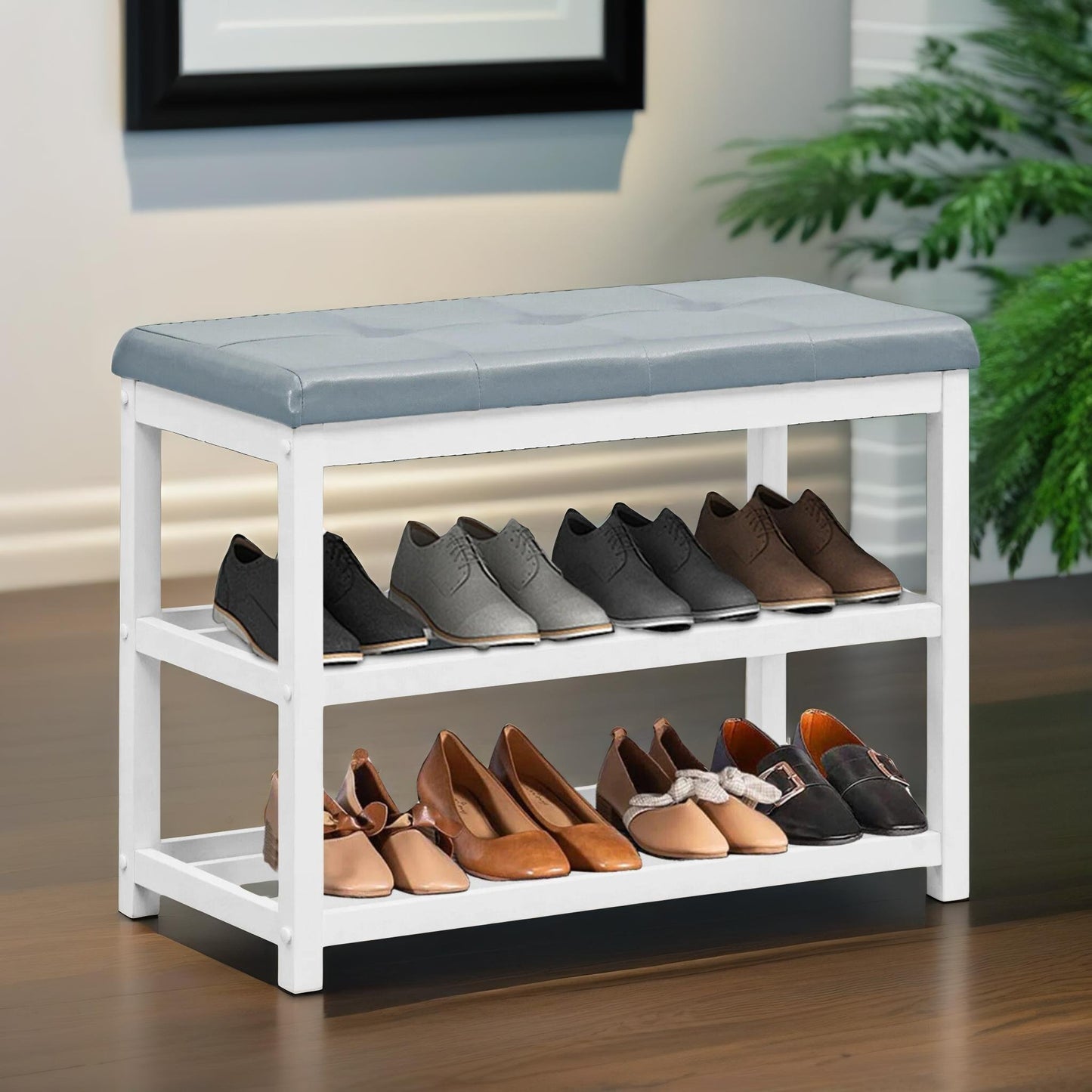 wooden 2 tier shoe rack bench grey