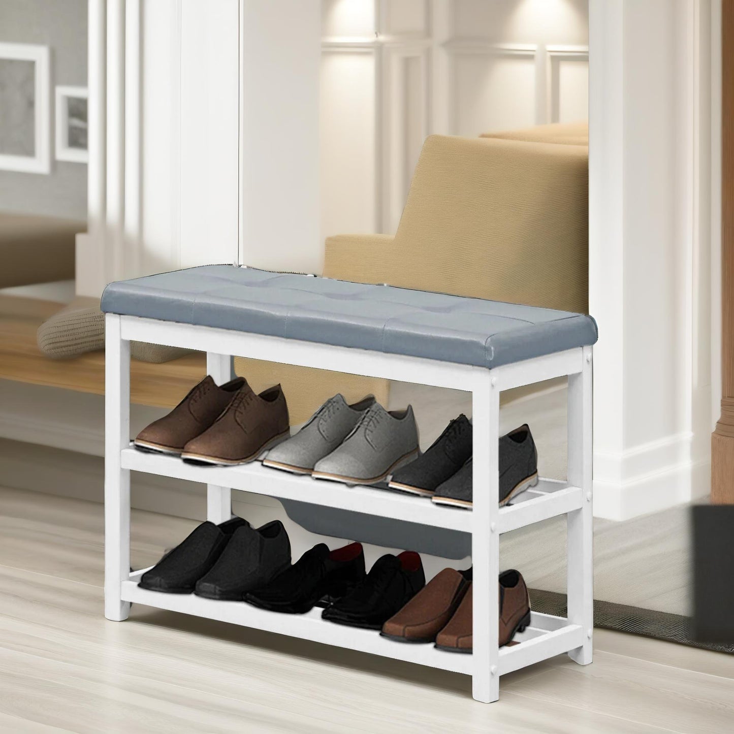 wooden 2 tier shoe rack bench grey