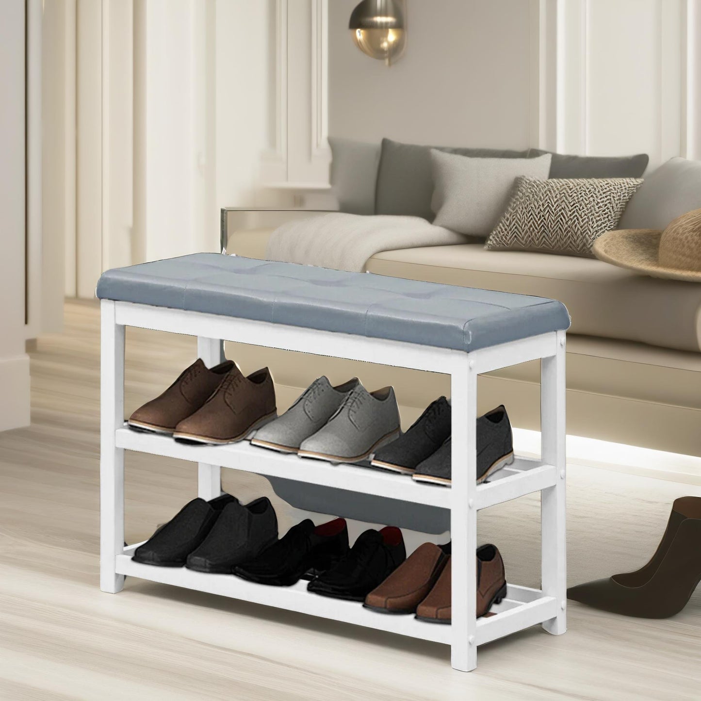 wooden 2 tier shoe rack bench grey