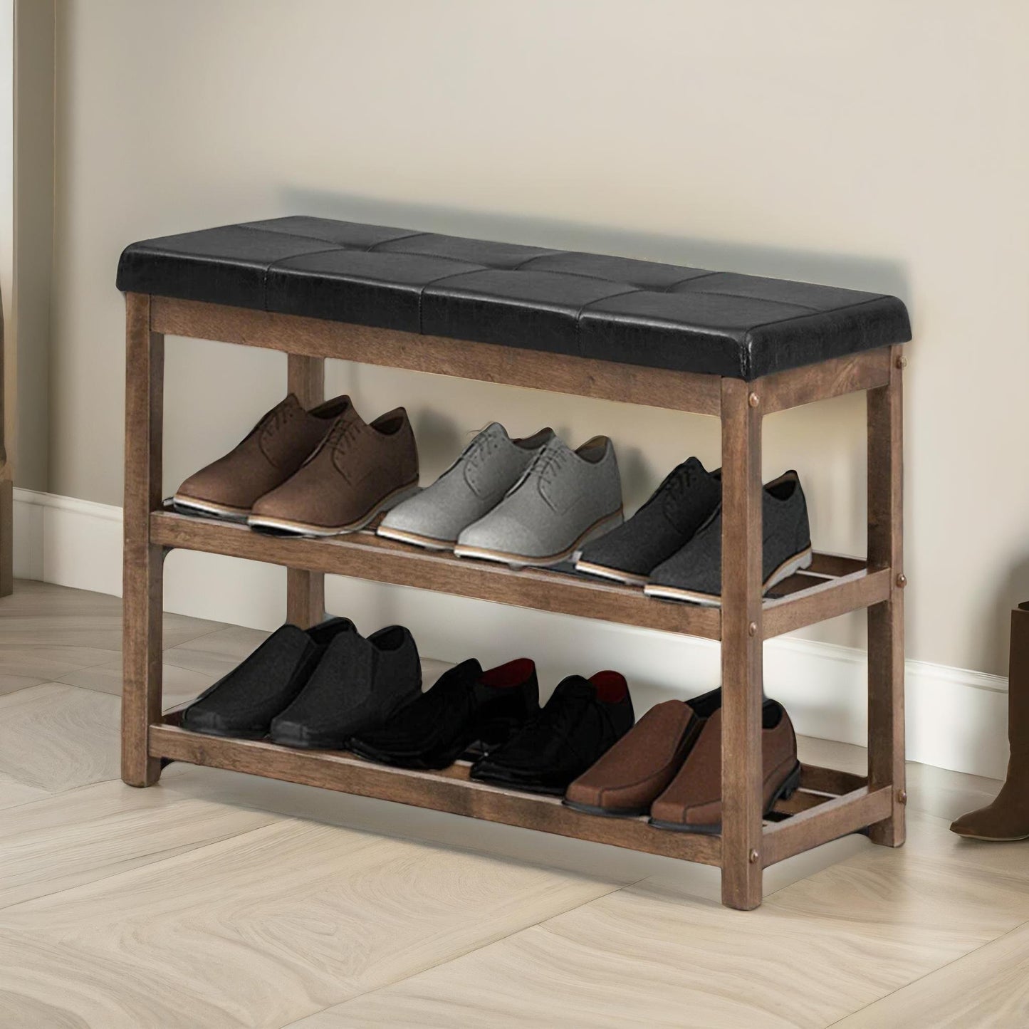 wooden 2 tier shoe rack bench brown