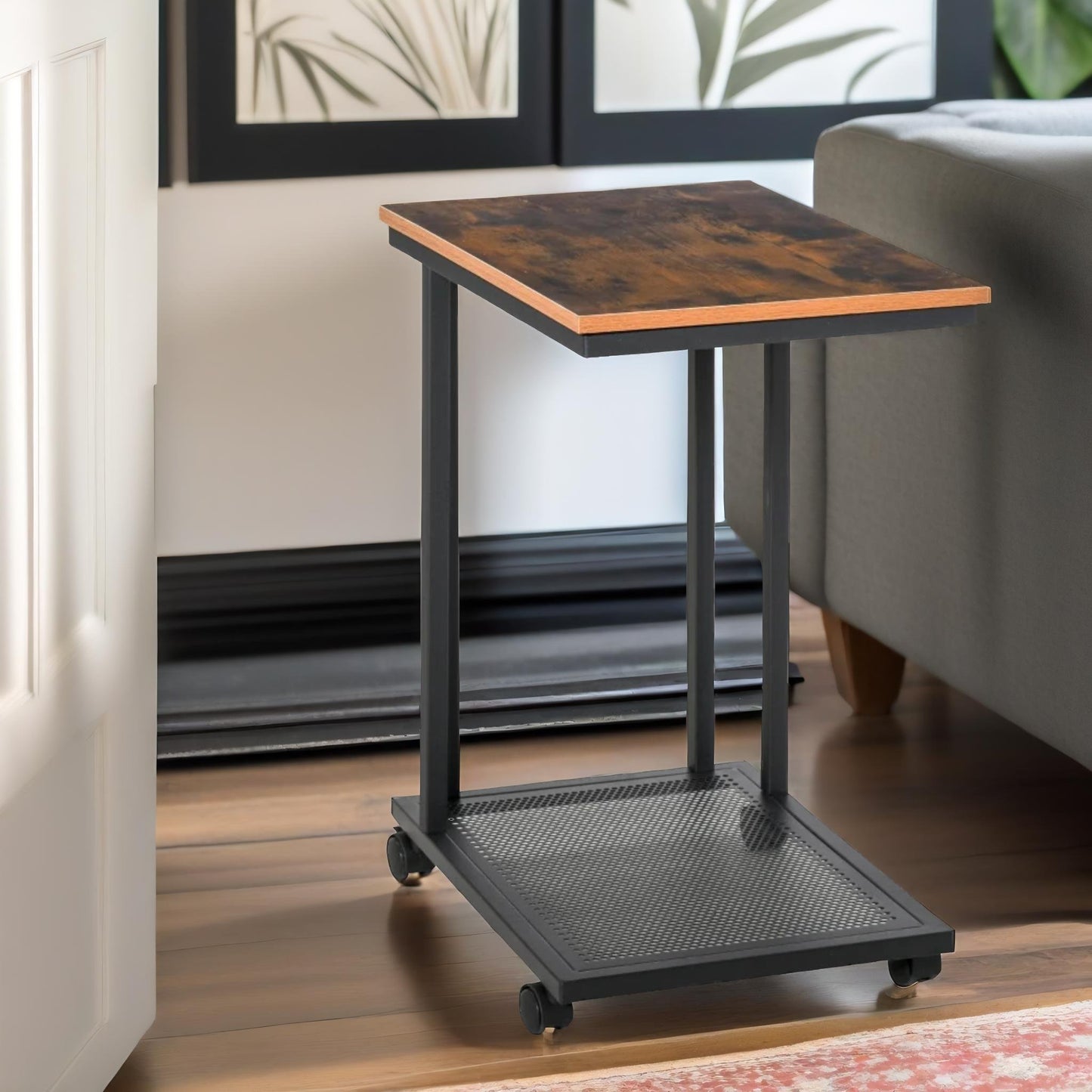 industrial c shaped side table with mesh shelf & wheels