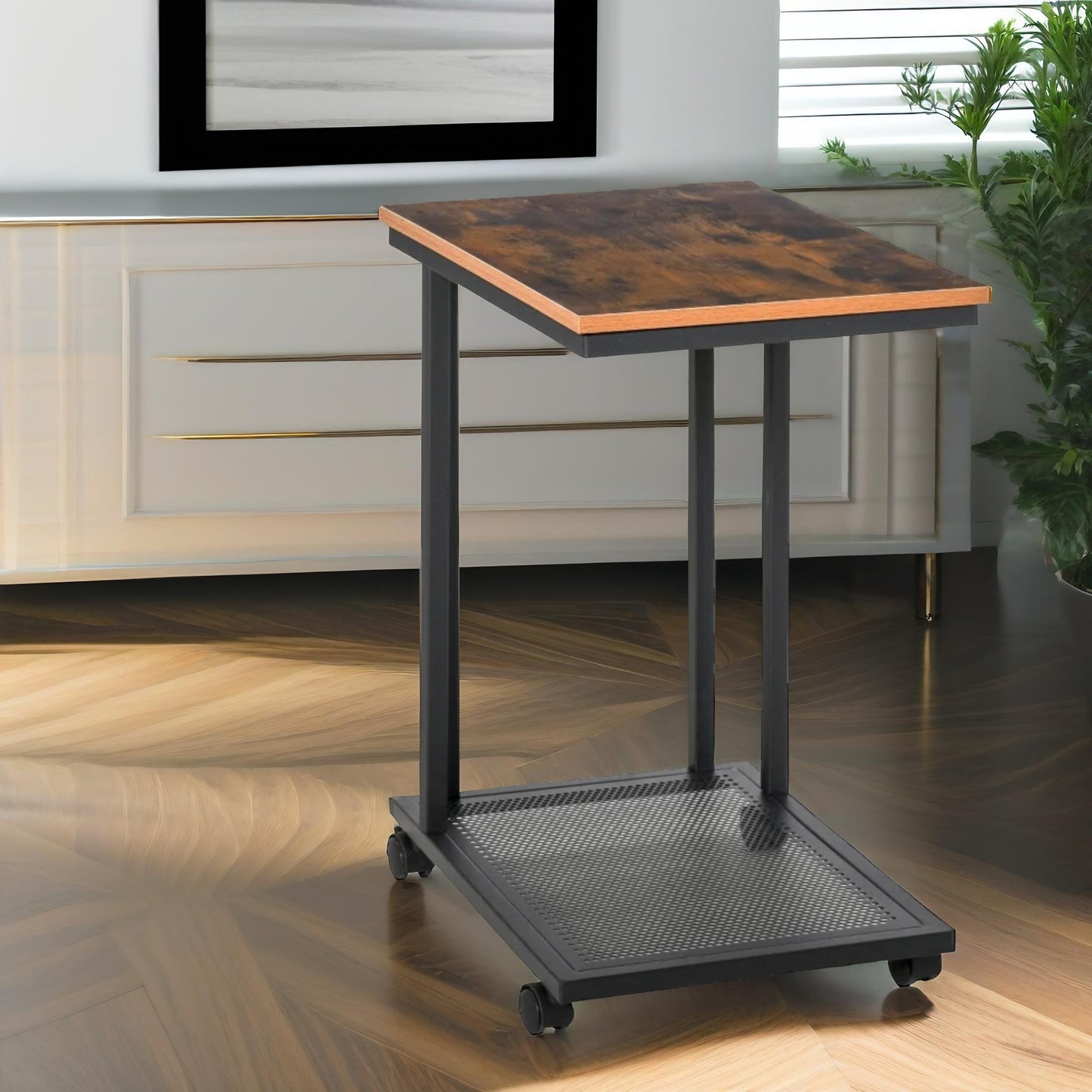 industrial c shaped side table with mesh shelf & wheels