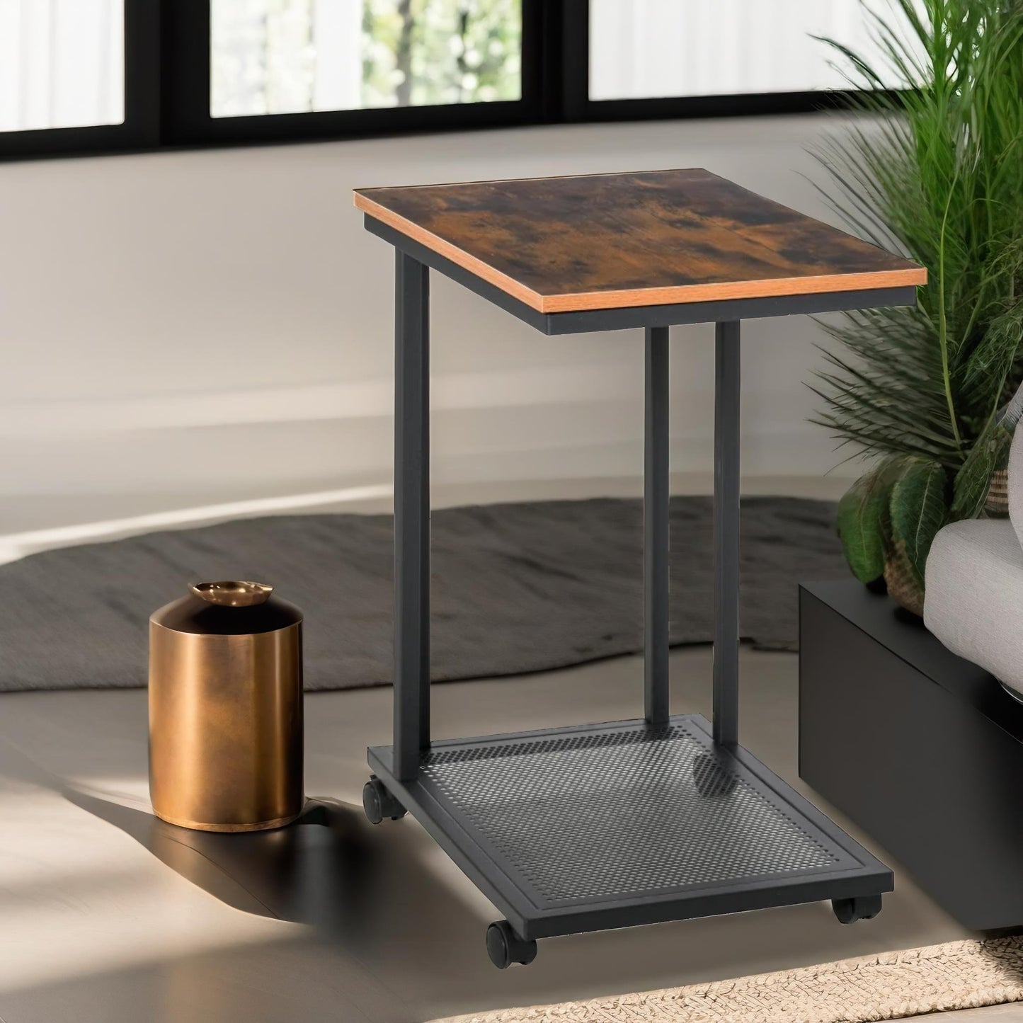 industrial c shaped side table with mesh shelf & wheels