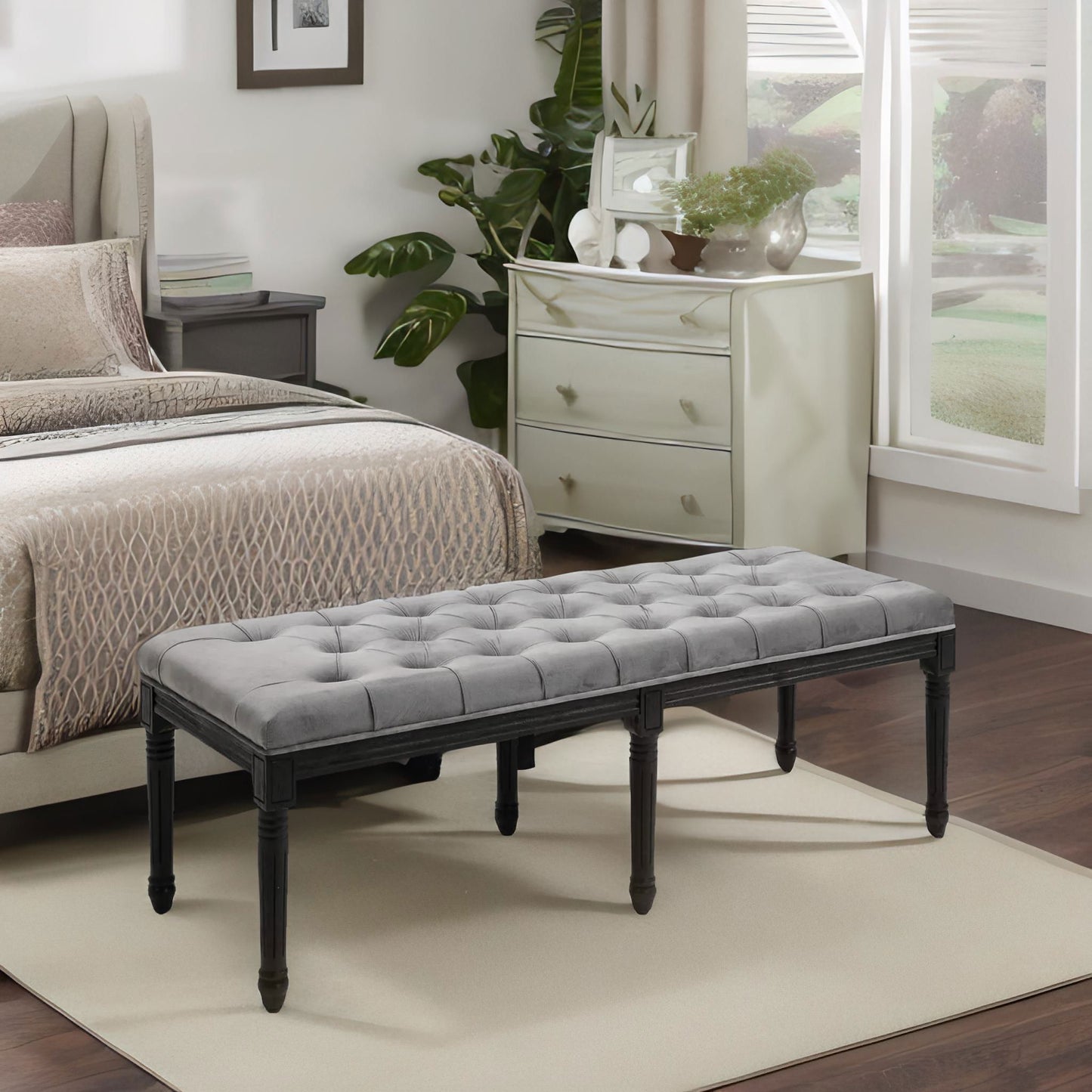 tufted velvet bed end window accent bench seat grey