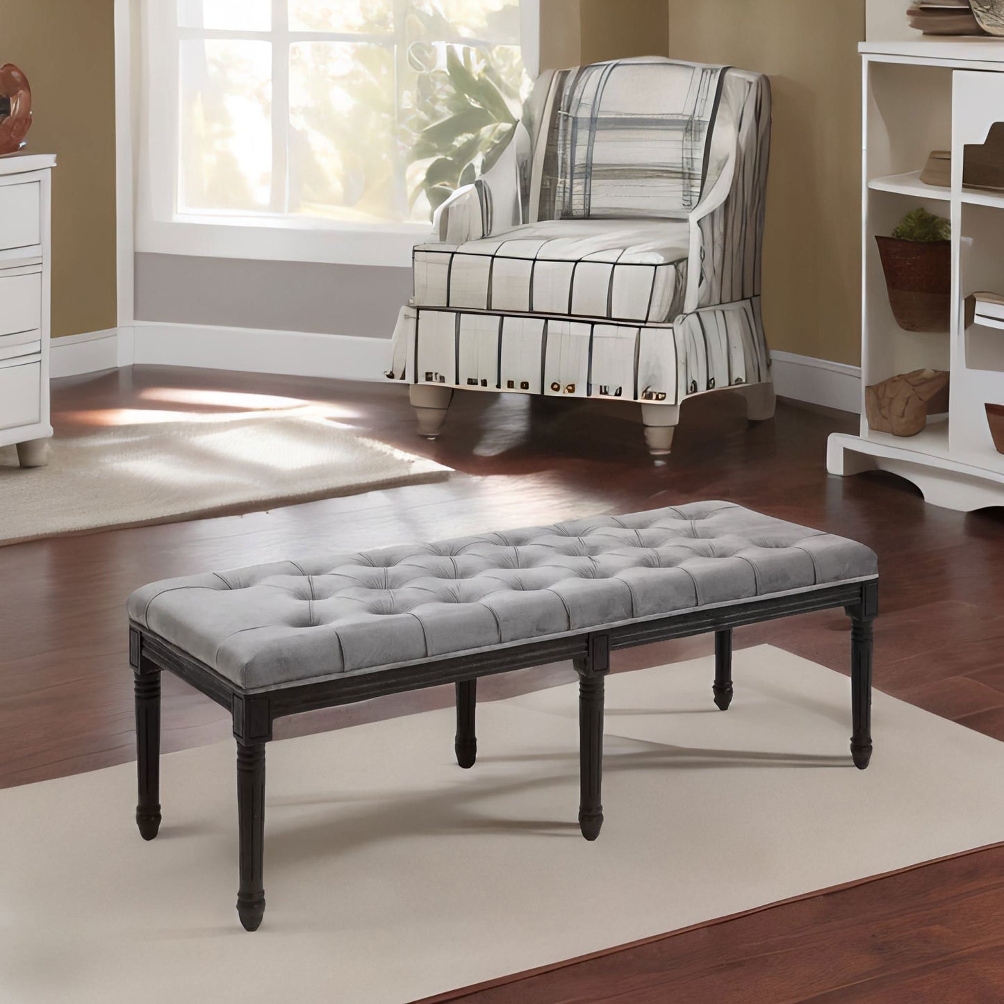 tufted velvet bed end window accent bench seat grey