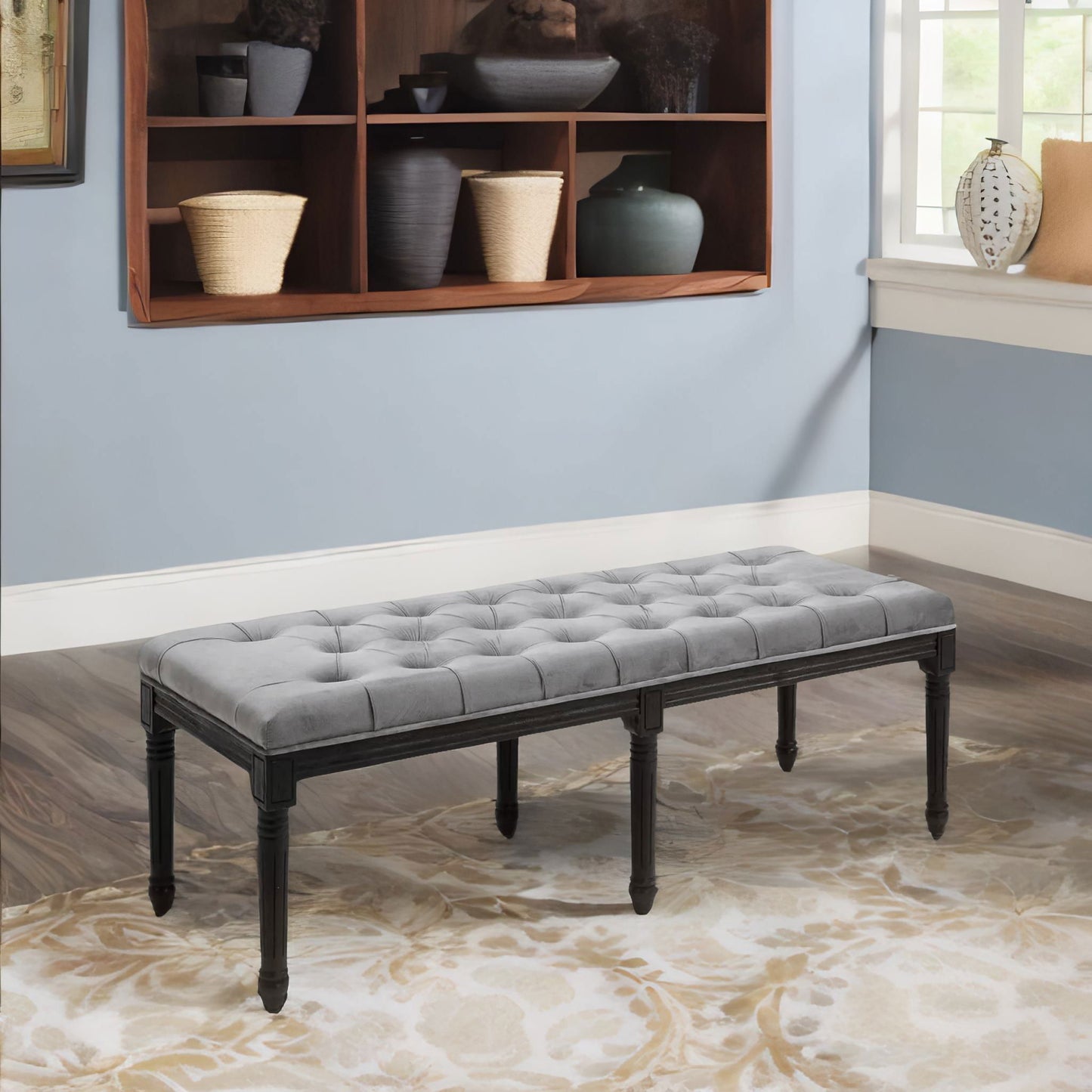 tufted velvet bed end window accent bench seat grey