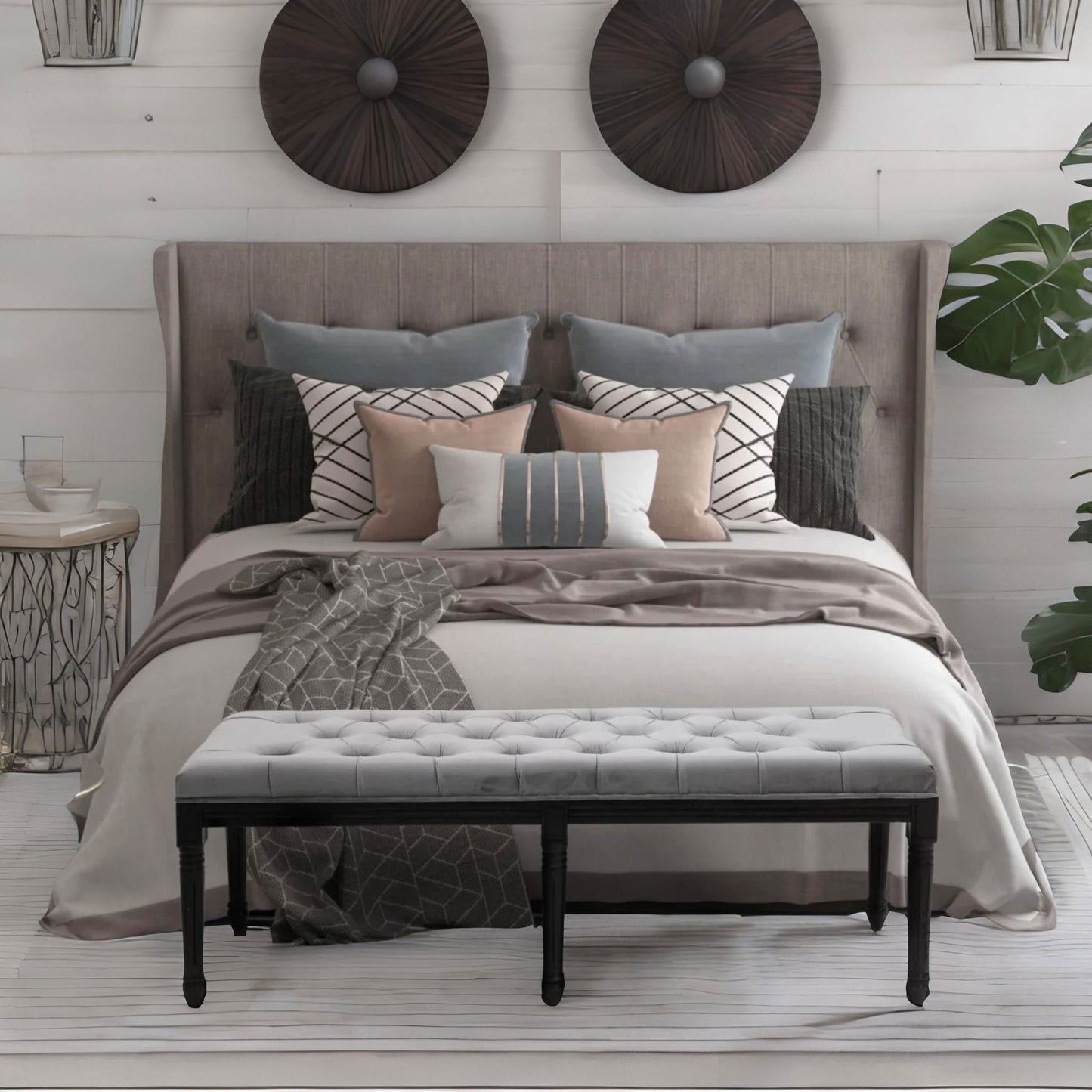 tufted velvet bed end window accent bench seat grey