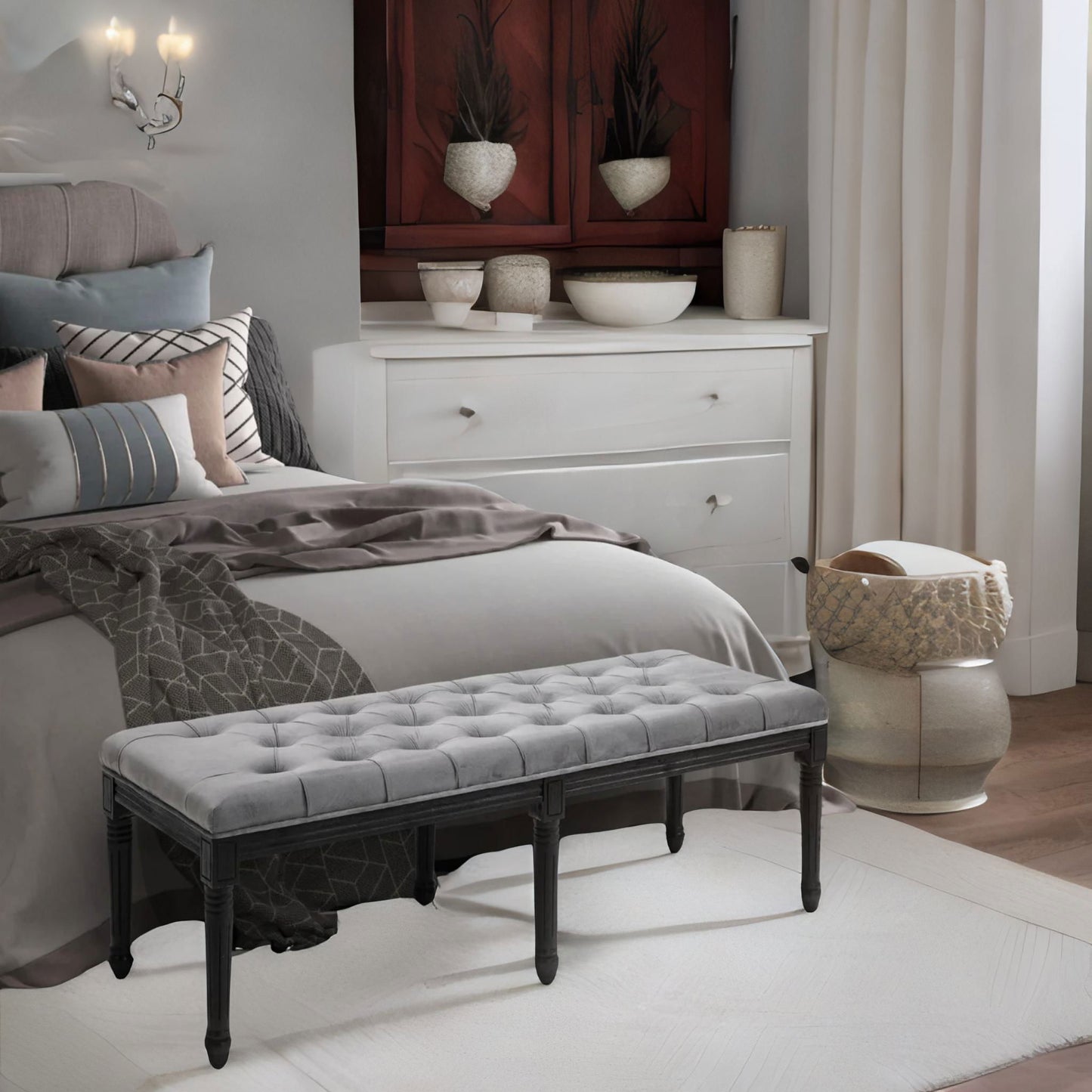 tufted velvet bed end window accent bench seat grey