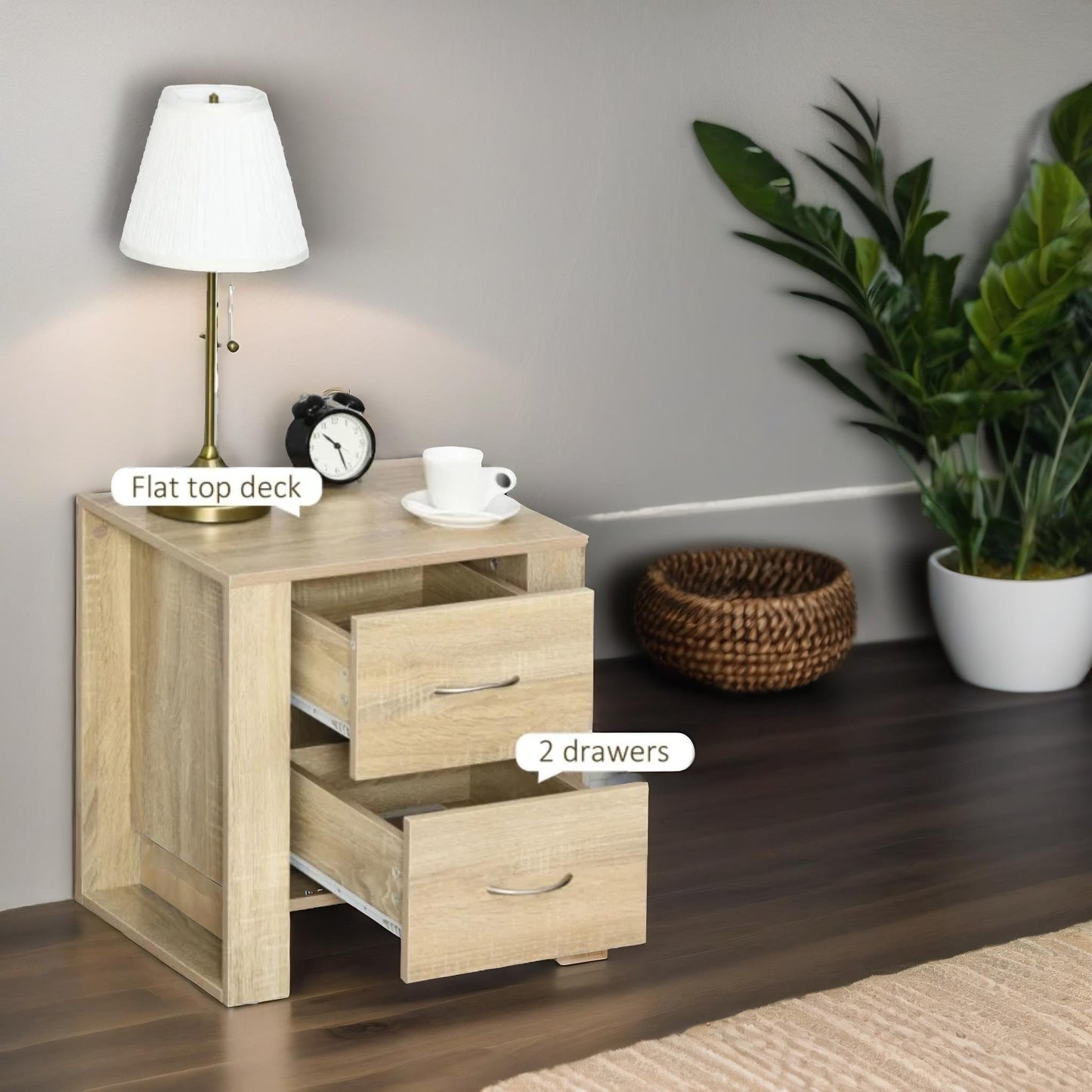 bedside table with 2 drawers natural brown