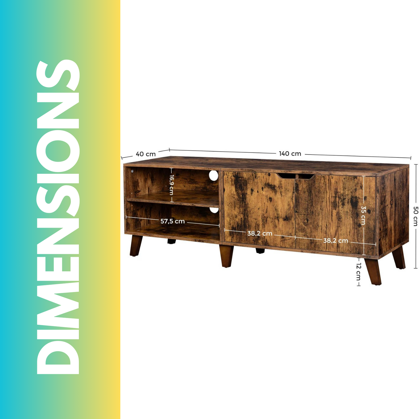 140cm wide tv stand cabinet with shelves rustic brown