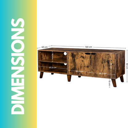 140CM Wide TV Stand Cabinet With Shelves Rustic Brown