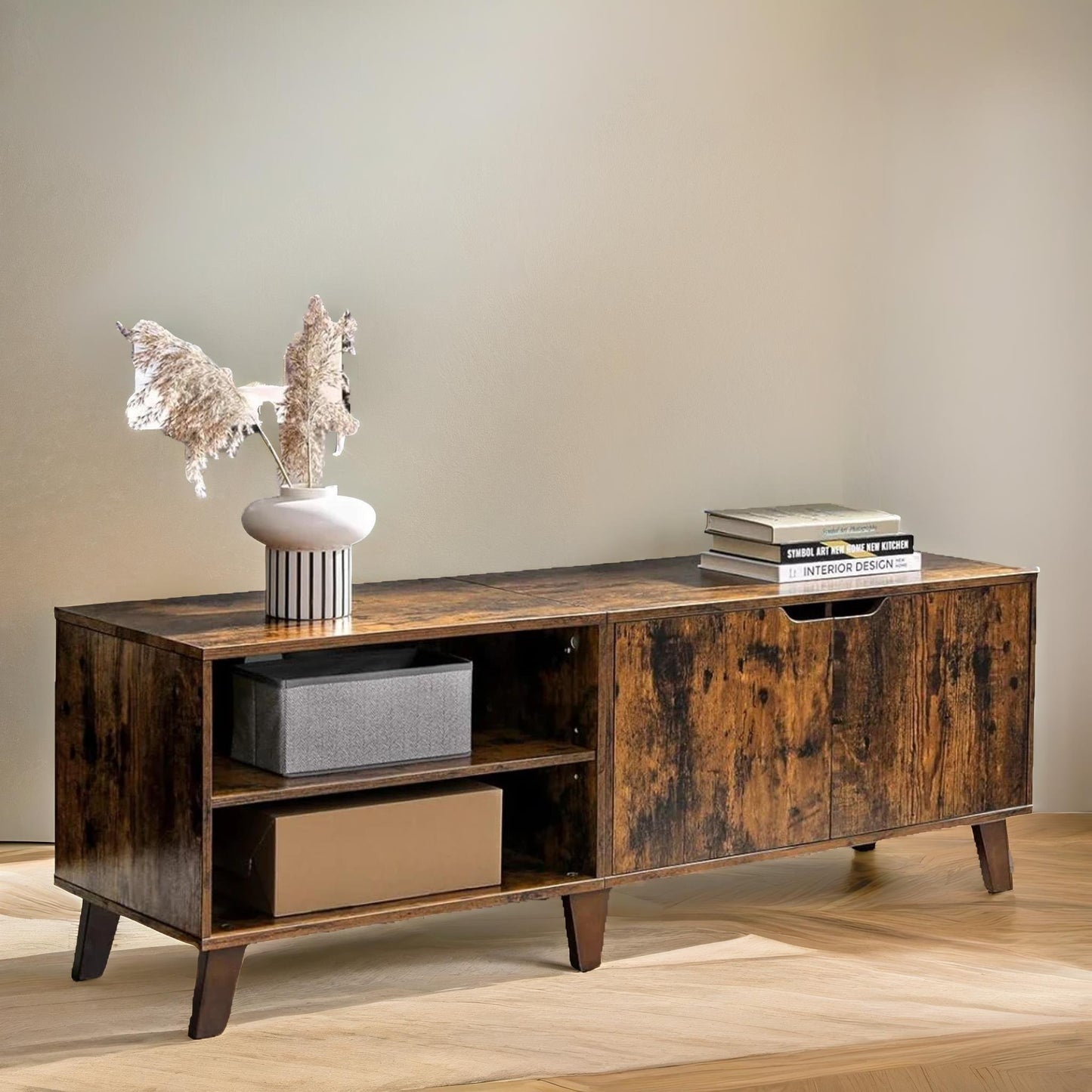 140cm wide tv stand cabinet with shelves rustic brown
