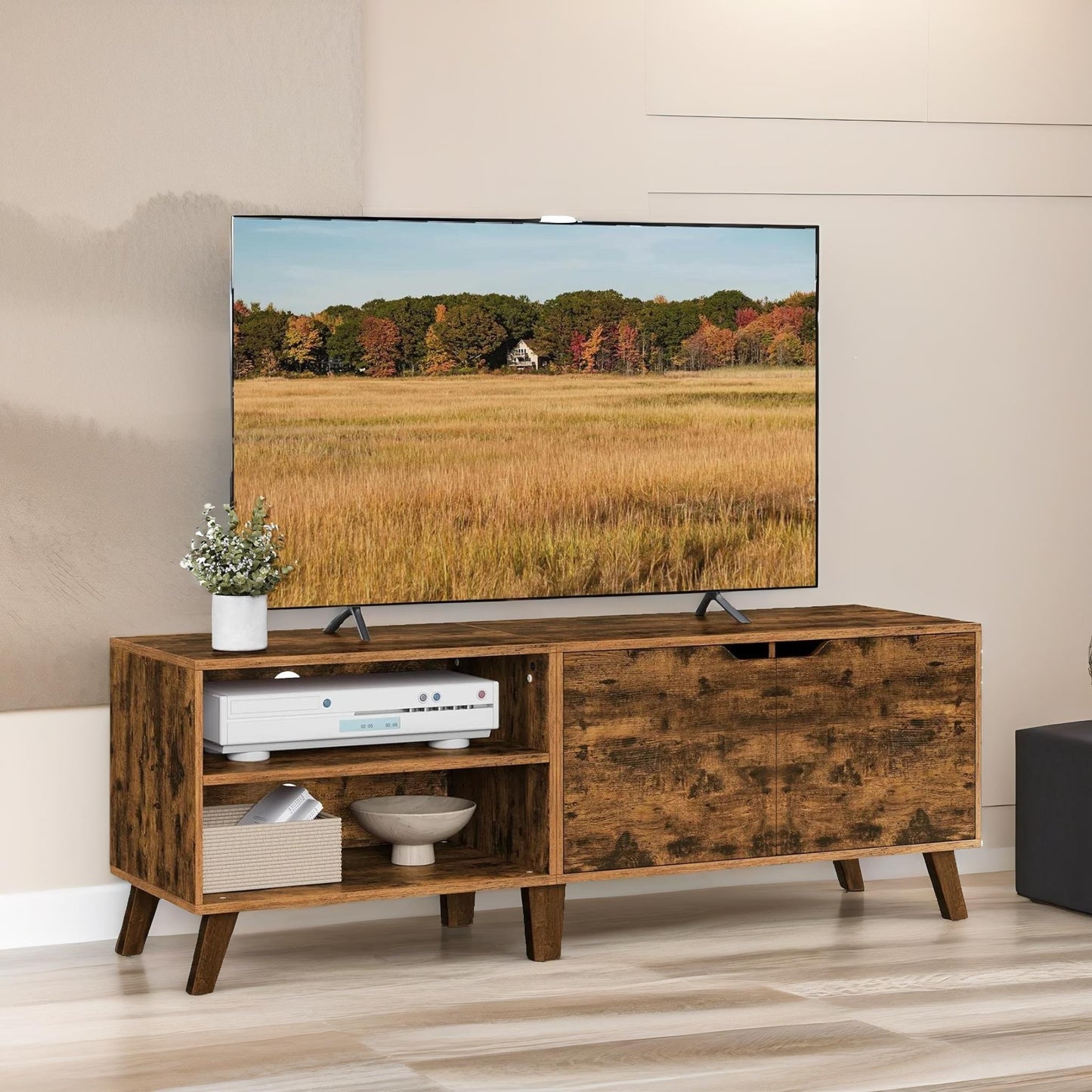 140cm wide tv stand cabinet with shelves rustic brown
