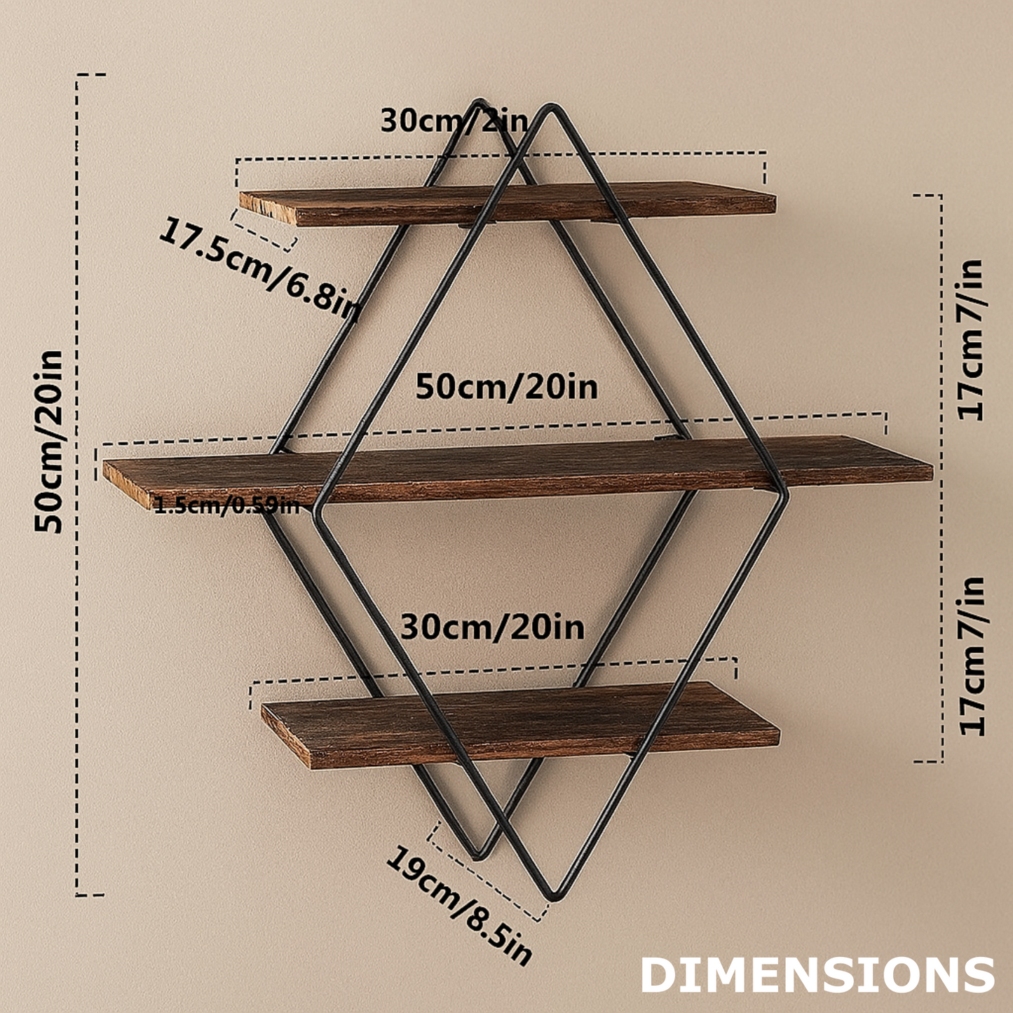 industrial 3 tier wooden diamond shape floating shelf