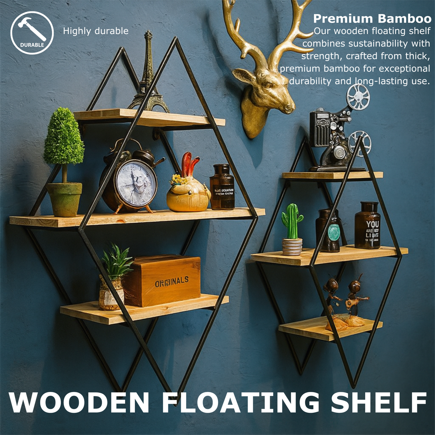 industrial 3 tier wooden diamond shape floating shelf
