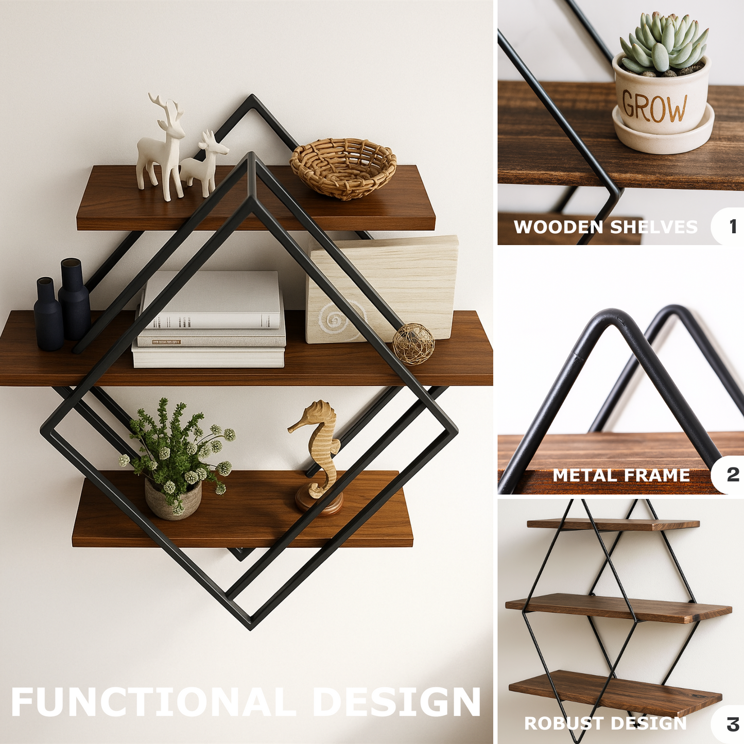 industrial 3 tier wooden diamond shape floating shelf