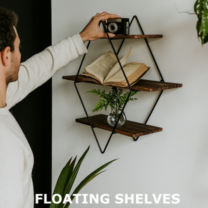 Industrial 3 Tier Wooden Diamond Shape Floating Shelf
