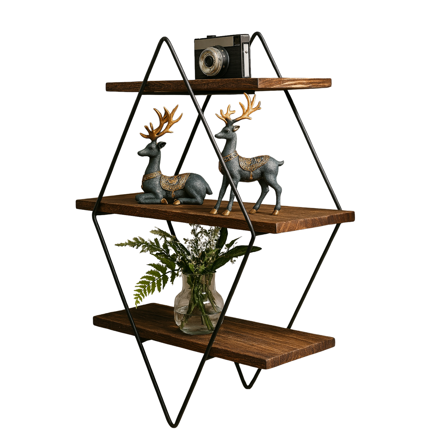 industrial 3 tier wooden diamond shape floating shelf