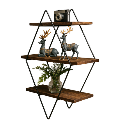 Industrial 3 Tier Wooden Diamond Shape Floating Shelf