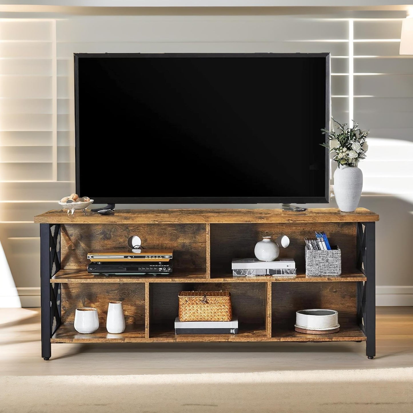 3 tier tv stand unit with open shelves rustic brown