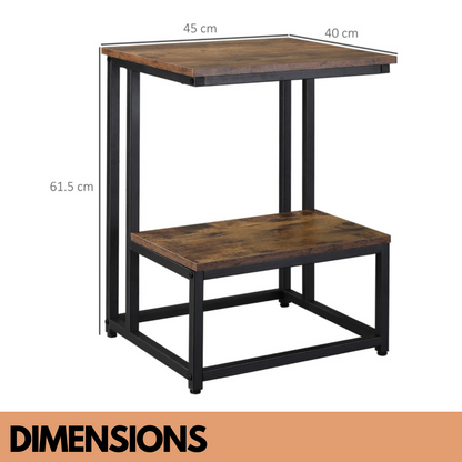 Industrial Double Tier C Shaped Side Table Rustic Brown