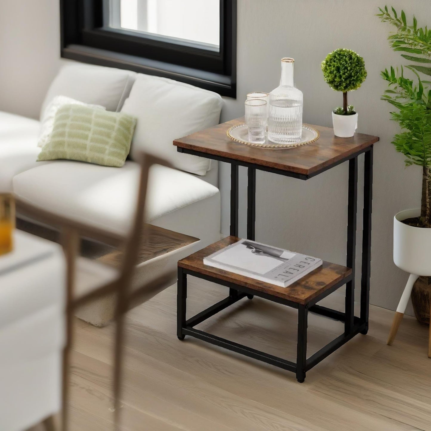 industrial double tier c shaped side table rustic brown