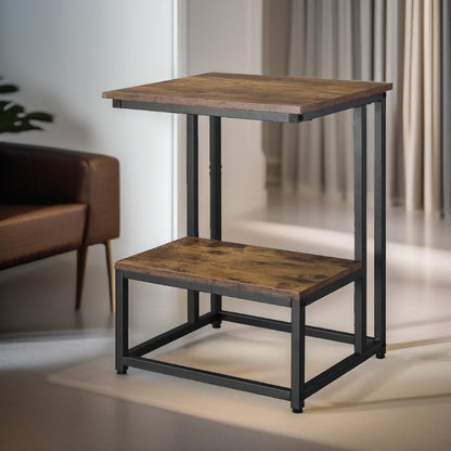 Industrial Double Tier C Shaped Side Table Rustic Brown