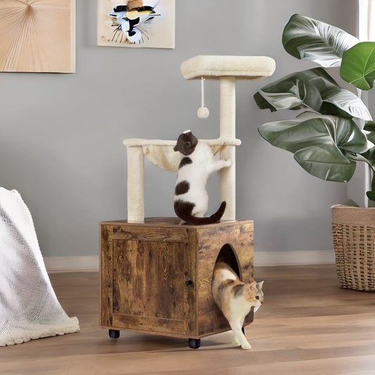 Cat Litter Box Enclosure With Tree Tower Brown