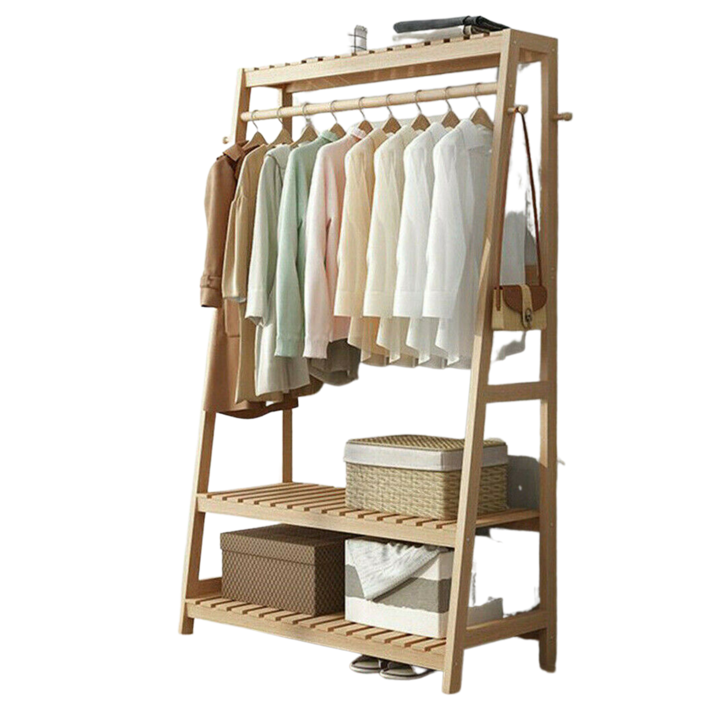 bamboo clothes rail with 2 shelves