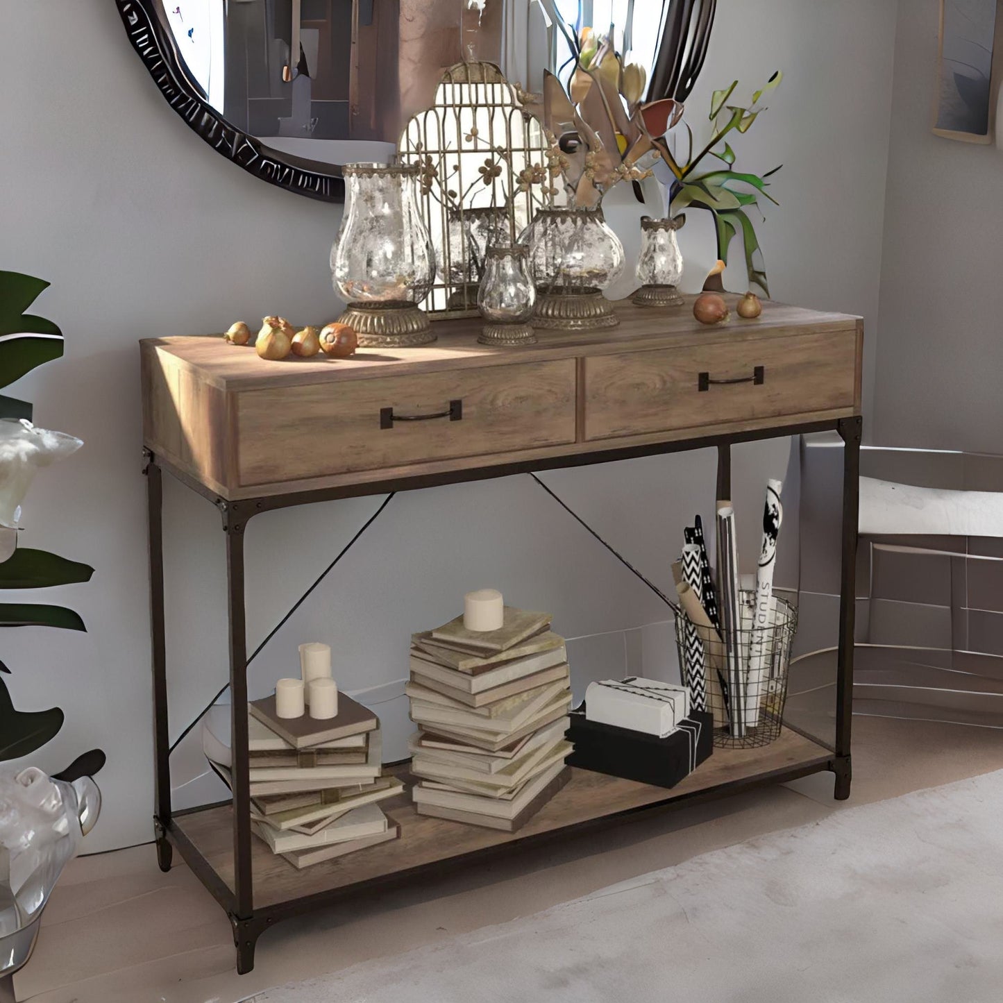 industrial console table with 2 drawers