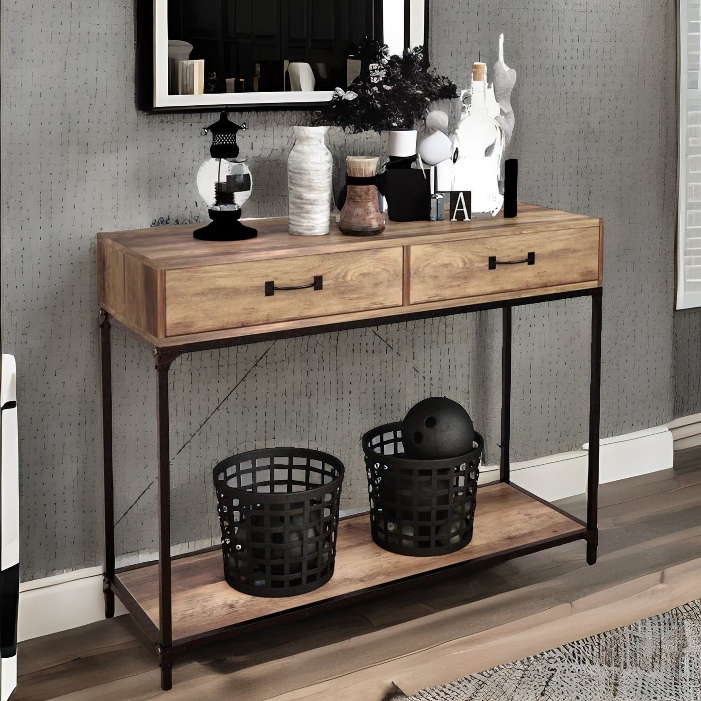 industrial console table with 2 drawers