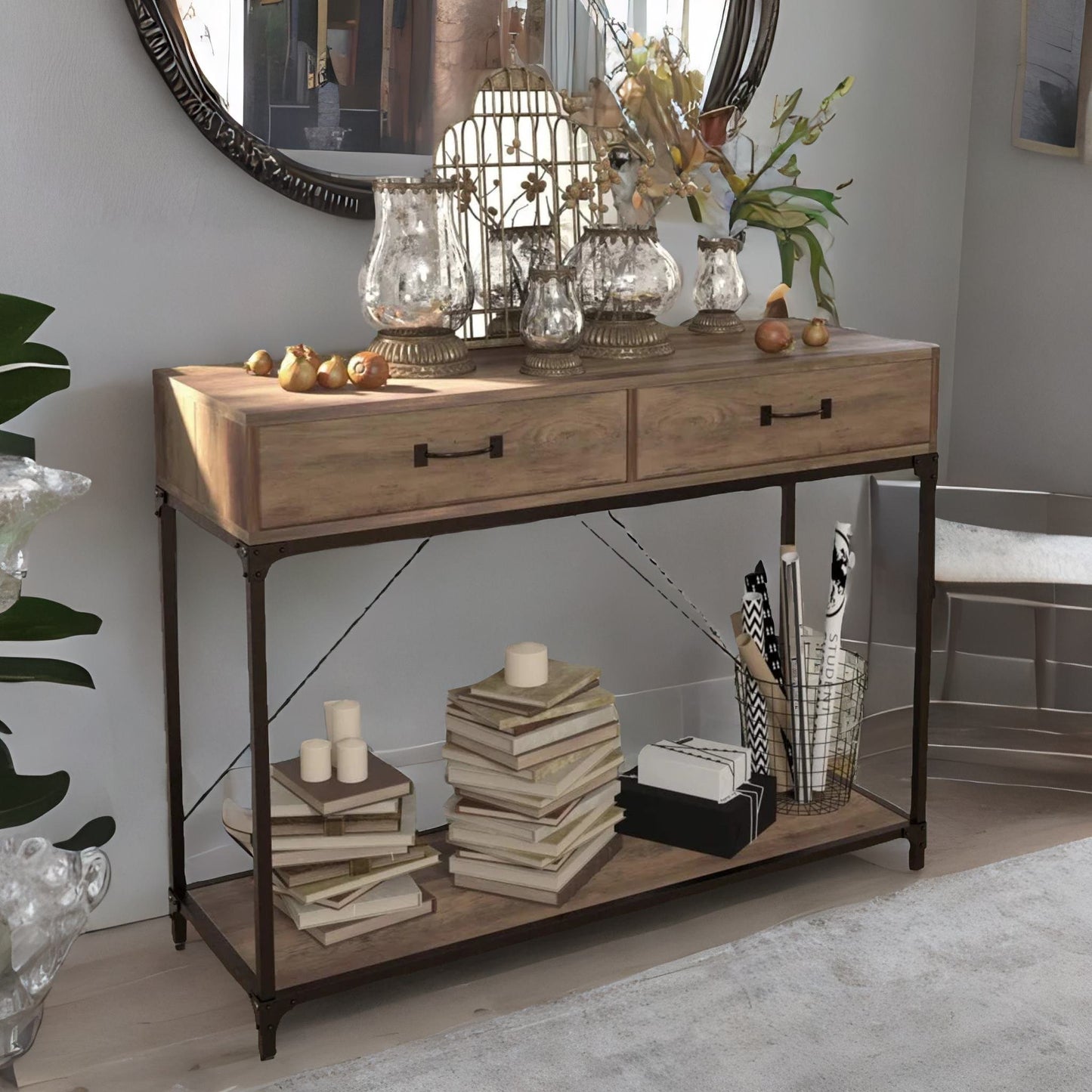 industrial console table with 2 drawers