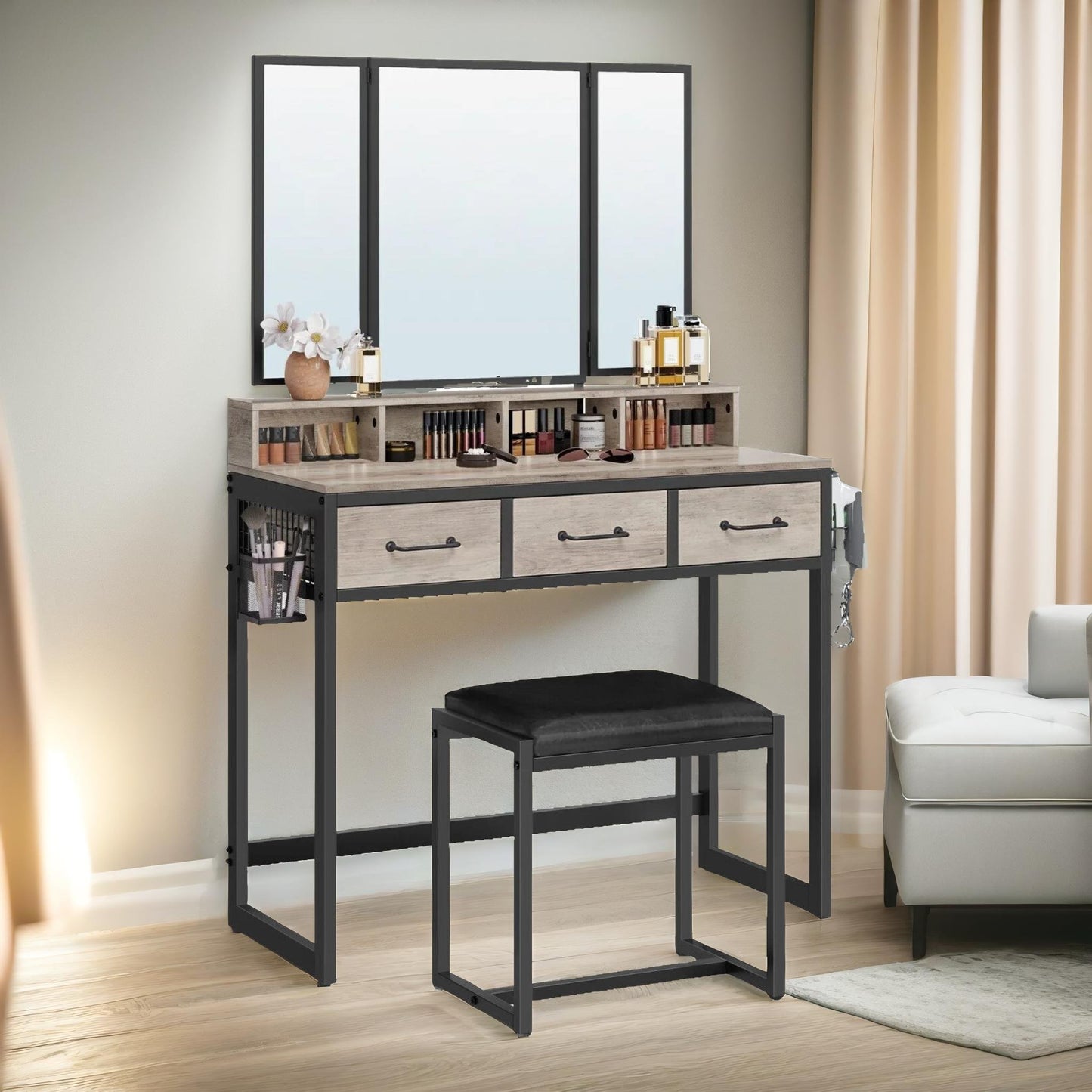 dressing table dressing 3-Drawer Dressing Table with Mirror and Stool – Greige