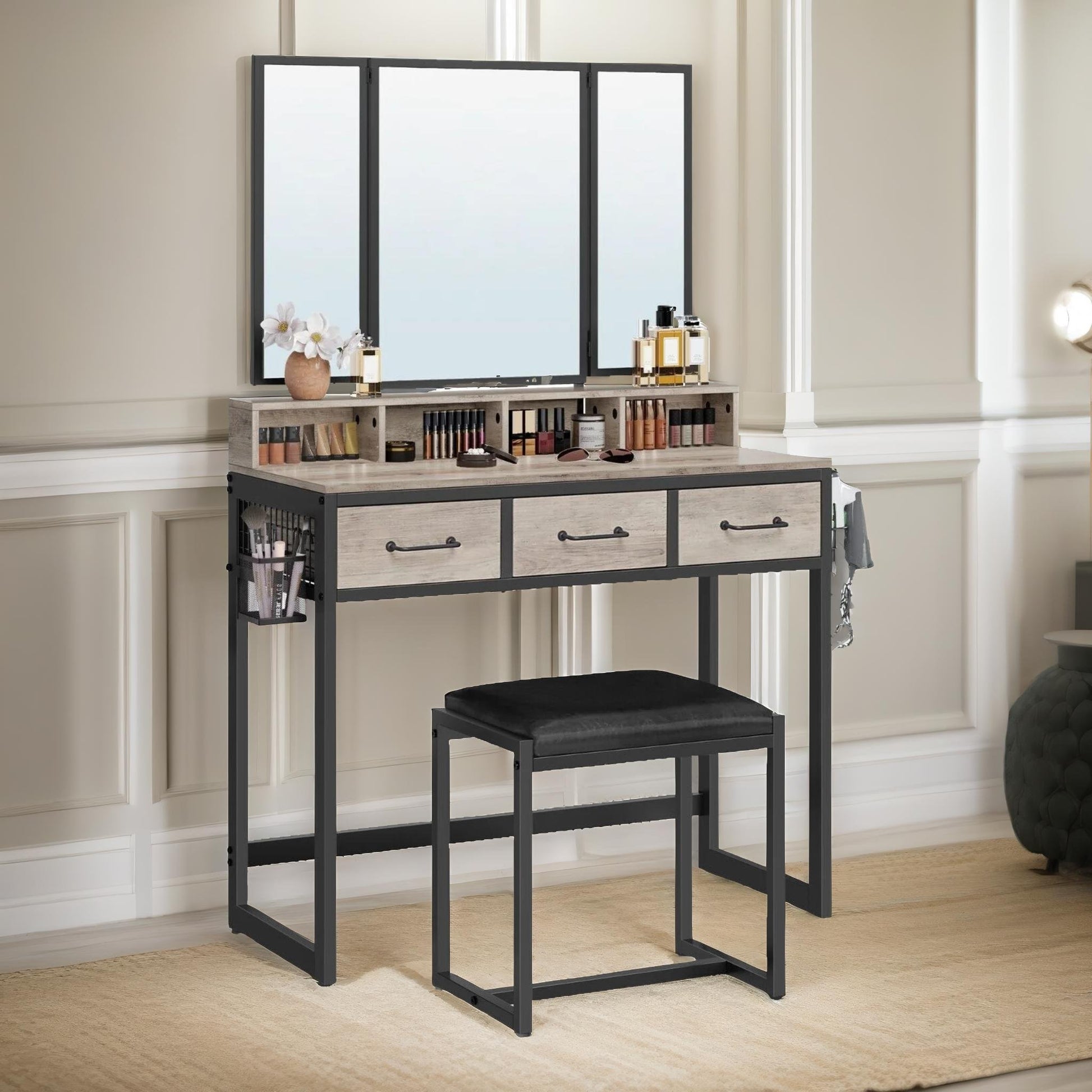 3-Drawer Dressing Table with Mirror and Stool – Greige 3-Drawer Dressing Table with Mirror and Stool – Greige
