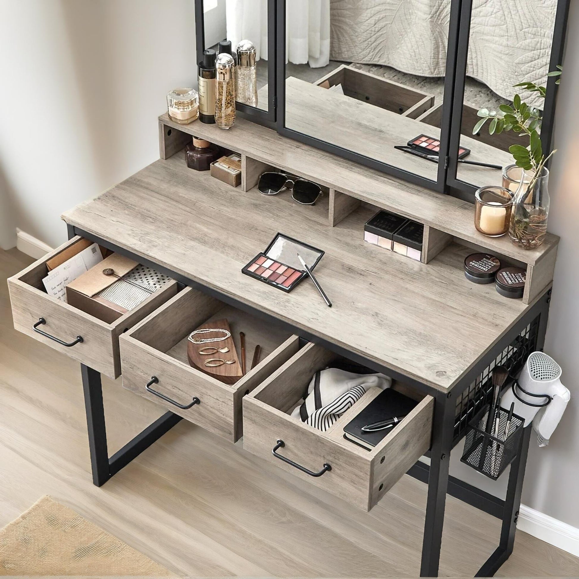 grey dressing table mirror with drawers Gray Makeup Vanity with Mirror Foldable Dressing Table with Stool & Hidden DrawerHomary