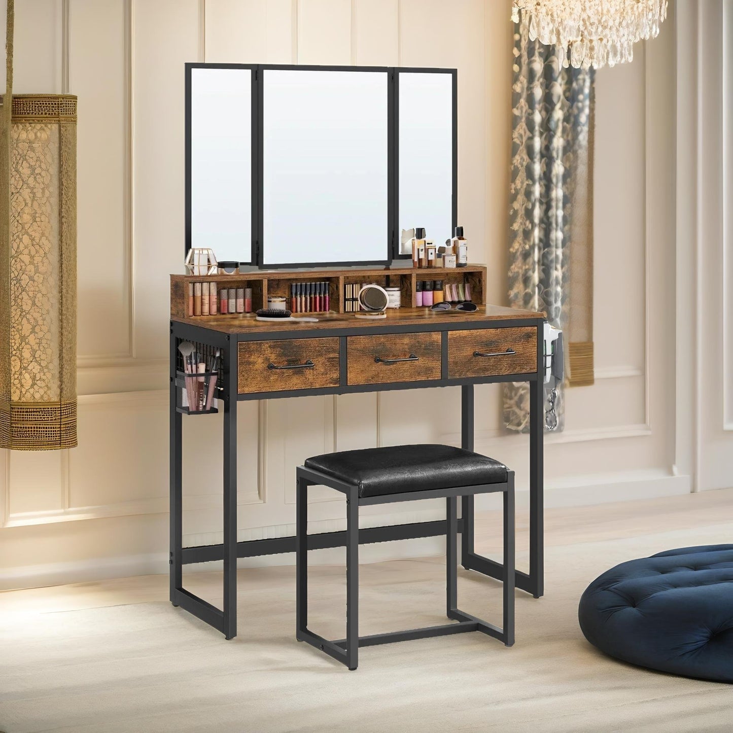 3-Drawer Dressing Table with Mirror and Stool – Rustic Brown